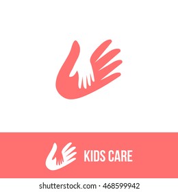 Isolated child and adult hands vector logo. Negative space logotype. Family illustration. Kids care icon. Orphanage symbol. Children adoption sign. Charity campaign emblem.