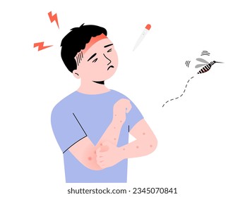 Isolated of a child boy with dengue fever, aegypti mosquitoe and thermometer. Flat vector illustration.