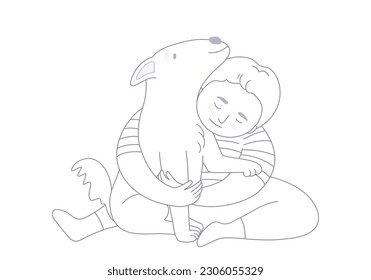 Isolated of a child boy hugging a dog, therapy dog concept. Outline vector illustration.