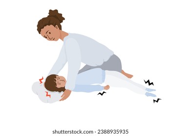 Isolated of a child girl with epileptic seizures and mother with pillow on her head, Hand draw flat vector epilepsy illustration.