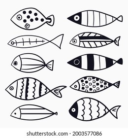 líneas dibujadas a mano infantil aisladas arte peces caprichosos animales acuáticos marinos para fondo, papel pintado, textura, banner, etiqueta, cubierta, tarjeta, etc. diseño vectorial.