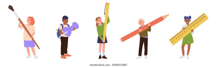 Isolated children cartoon characters holding huge school stationery enjoying education process