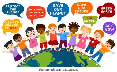 Isolated children of different culture and multiethnic people embracing each other on the globe. Speech bubble with messages for an eco environment and a green and sustainable future. Save our planet