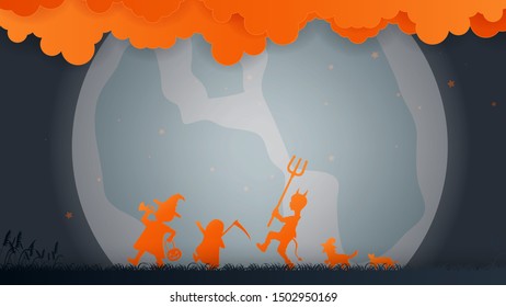 Isolated children dressed in Halloween fancy theme to go Trick or Treating in Halloween night