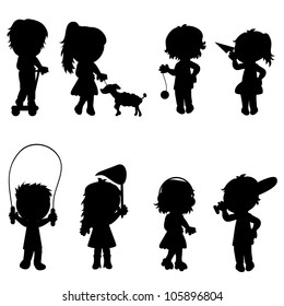isolated children silhouettes with outdoor activity for fun and games