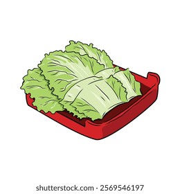 Isolated Chinese Cabbage in red plate, vegetables vector hand drawing illustration, cutting part of Chinese cabbage on white background.Hight fiber food, hot pot ingredients.