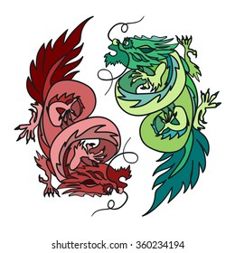 Isolated Chinese Dragon Oriental Feng Shui in symbol of the Yin Yang. Vector