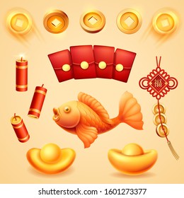 Isolated chinese new year, holiday, wedding items. Fish and golden coins, ingot and red envelope, hongbao and knotted kite, firecracker. China calligraphy translated Good Luck. 2020 CNY elements