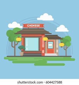 Isolated chinese restaurat. Isolated urban building with sign and storefront. City landscape with clouds and trees.