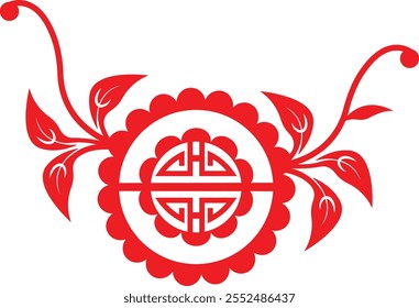 Isolated Chinese symbol of longevity with plant. Chinese traditional Shou symbol. Vector illustration.