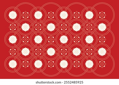 Isolated Chinese traditional floral pattern. Gold ethnic geometric design on red background. Oriental ornament template