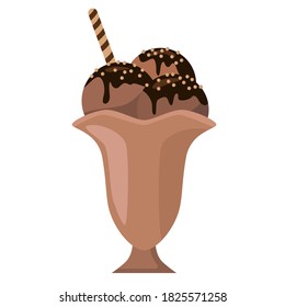 Isolated chocolate and caramel ice cream with sprinkles, chocolate syrup and striped waffle stick in ice cream dish on white background