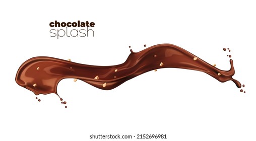 Isolated chocolate, cocoa and coffee milk splash with crushed peanuts, vector cocoa spread wave. Chocolate sweet dessert or choco milkshake drink flow and splatter with nuts and coffee drops