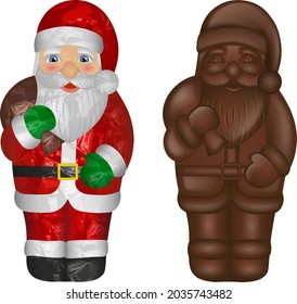 isolated chocolate santa claus and wrapped chocolate santa claus illustration