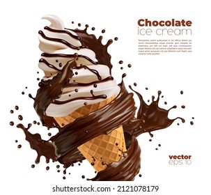 Isolated chocolate soft serve ice cream in waffle cone with chocolate splash. Vector realistic icecream in wafer cup with brown choco sauce swirl. Sweet creamy confectionery dessert, dairy sweets