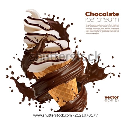 Isolated chocolate soft serve ice cream in waffle cone with chocolate splash. Vector realistic icecream in wafer cup with brown choco sauce swirl. Sweet creamy confectionery dessert, dairy sweets