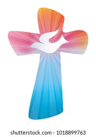 Isolated christian cross with dove. Holy spirit symbol on colored background