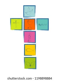 Isolated Christian cross with religious symbols. Cross with colorful squares Christian symbols