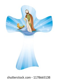 Isolated Christian cross whit vector nativity scene. Rays on blue background