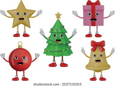 isolated christmas 3d characters. collection of funny 3d cartoon christmas elements. groovy 3d star, christmas tree, gift box, christmas ball and bell