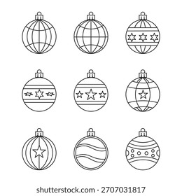 Isolado Natal bauble vetor ícone conjunto; Elemento de símbolo de ornamento de decoração de contorno; Coleção de festivais de férias