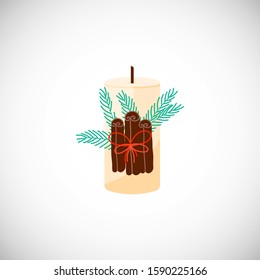 Isolated Christmas candle with cinnamon and Christmas tree branch bouquet in scandinavian style. Hygge winter concept. Cozy interior element. Vector Illustration