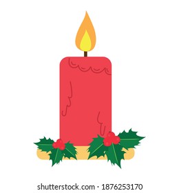 Isolated christmas candle icon with holly ornaments. Vector illustration