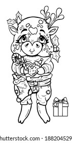 Isolated Christmas cartoon character in full growth, pretty little bull with big eyes, plump cheeks, cute smile and specks, with small ears and horns, in sweater, with candy and cookies in paws.