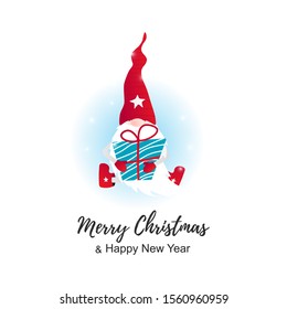 Isolated Christmas cute gnome with gift. Merry Crristmas card. Vector Illustration