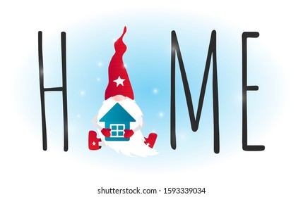 Isolated Christmas cute gnome with little house in hands. Nordic Cozy home banner. Merry Crristmas card. Vector Illustration