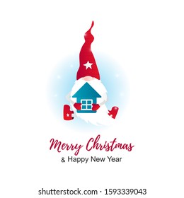 Isolated Christmas cute gnome with little house in hands. Merry Crristmas card. Vector Illustration