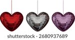 isolated christmas decorations. red, silver and pink heart shaped disco balls. christmas ornaments.