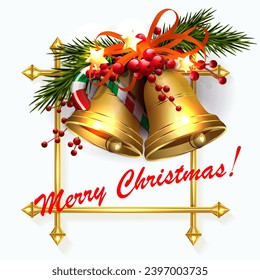 Isolated Christmas design component, golden bells with pine garland.