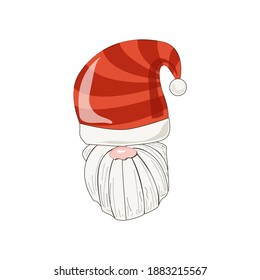 Isolated Christmas element on a white background. Santa's head with a striped hat. Vector. Cartoon. Santa Claus with a beard. Suitable for children's illustrations, posters and typography.