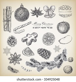 Isolated Christmas elements for design in vintage style.  Christmas ball, beads, lovely candy cane, gingerbread Man