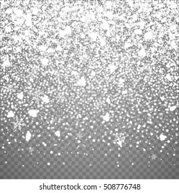 Isolated Christmas falling snow overlay on transparent background. Snowflakes storm layer. Snow pattern for design. Snowfall backdrop texture. Vector snow illustration. Snowflakes, snowfall decoration