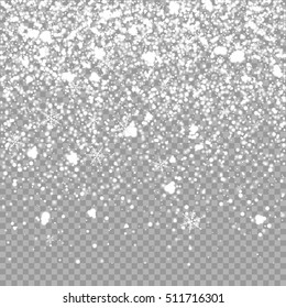 Isolated Christmas falling white snow overlay on transparent background. Snowflakes storm layer. Snow pattern for design. Snowfall backdrop texture. Vector snow illustration