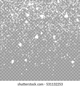 Einziger Weihnachtsgeschmack mit weißem Schnee auf transparentem Hintergrund. Schneeflocken Sturmschicht. Schneemuster für Design. Schneefall-Hintergrundstruktur. Vektorillustration