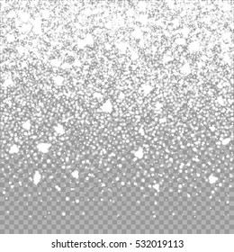 Isolated Christmas falling white snow overlay on transparent background. Snowflakes storm layer. Snow pattern for design. Snowfall backdrop texture. Vector snow illustration