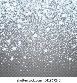 Isolated Christmas falling white snow overlay on transparent background. Snowflakes storm layer. Blue snow pattern for design. Snowfall backdrop texture. Vector snow illustration