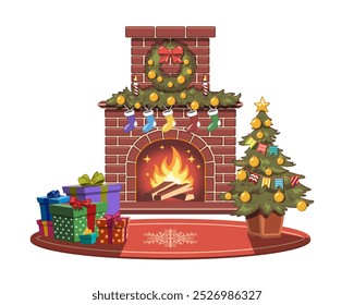 Chimenea de Navidad aislada. Interior de dibujos animados con decoración de invierno. Decoración sala de estar con cajas de regalo y abeto. Tarjeta de celebración del Año Nuevo. Ilustración vectorial