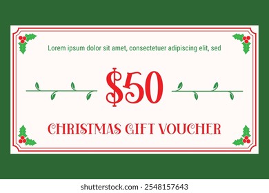 Isolated Christmas gift voucher with holly on background