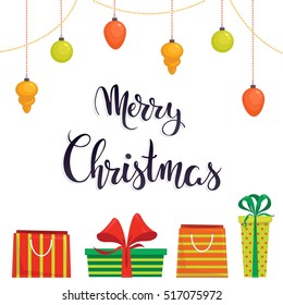 Isolated Christmas hand lettering with ornaments and gifts. Merry Christmas! Vector illustration