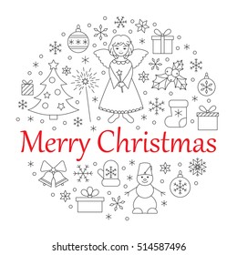 Isolated Christmas items stacked in a circle. For cards and print on a T-shirt. 