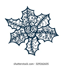 Isolated Christmas leaf with floral lace ornament for Christmas collection. Vector illustration