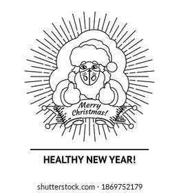 Isolated Christmas Line Art Character of Santa Claus in a Medical Mask with a Beard, Hat and New Year Costume with Ribbon and Rays for Tattoo, Wrapping Paper, Background, Gifts to Covid-19 period