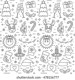 Isolated Christmas and New Year seamless pattern with traditional attributes in line style. Vector illustration