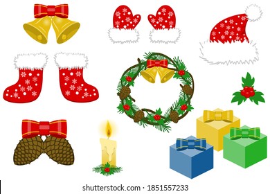 Isolated christmas objects on white background - boots, mittens, hat, wreath, cones, candle, gifts