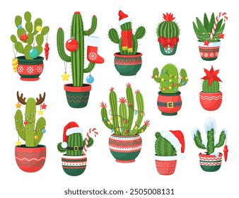 Isolated Christmas prickly mexican cactus succulents, vector Xmas holiday dessert plants. Cartoon saguaro cacti in flowerpots with cute red hats, Xmas lights and ornaments, snow, flowers and candies