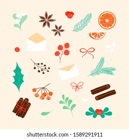 Isolated Christmas set elements. Simple Christmas tree branch, orange slice, cinnamon, leaf, fruit, anise star in Scandinavian style. Icon silhouette for winter ad, background. Vector Illustration 